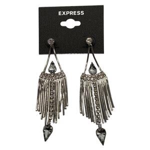 NWT Express Silver Rhinestone Fringe Statement Earrings Dangle Drop Sparkly